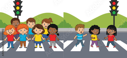 Cute Children Crossing Street at Pedestrian Crosswalk with Traffic Lights Safety Education Concept Cartoon Style Vector Illustration Set