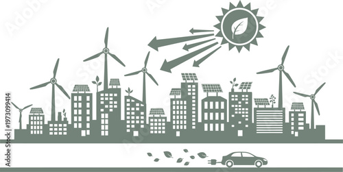 Sustainable eco city skyline with renewable power sources