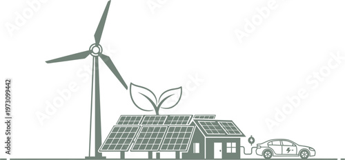 Solar powered home with electric vehicle charging station silhouette