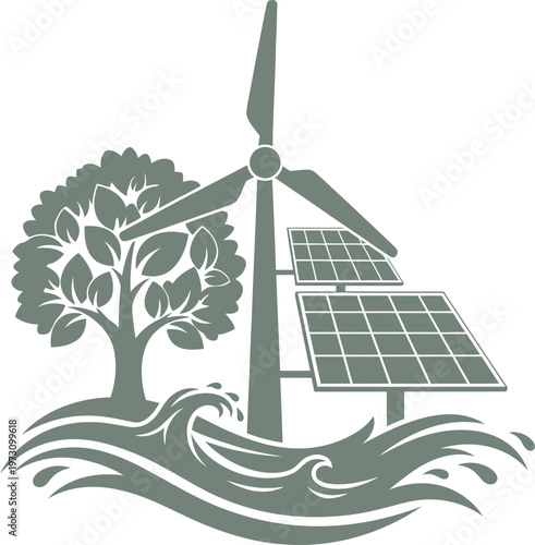 Coastal renewable energy scene with wind turbine solar panels and ocean waves