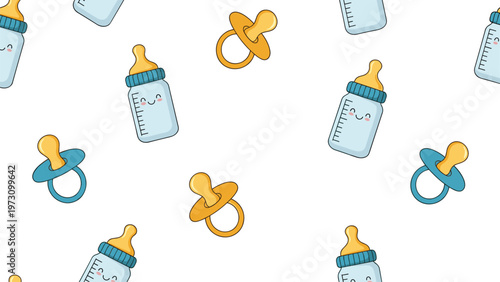Seamless pattern with cute baby bottles and pacifiers in blue and yellow colors, nursery theme background for newborns and baby showers.