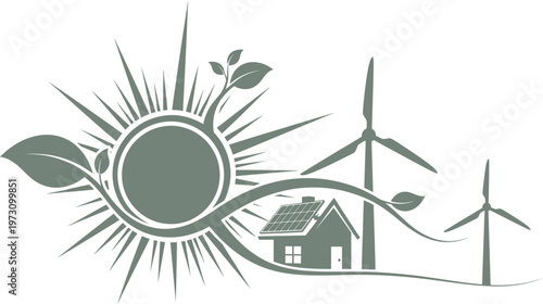 Renewable energy landscape showing a solar powered home and wind farm