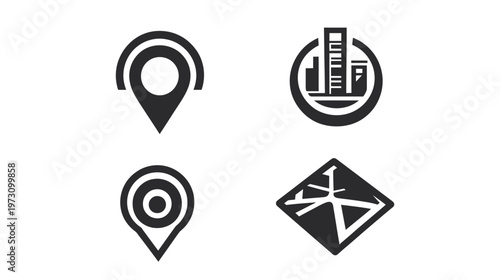 Four black and white location icons, featuring pin drop and cityscape designs, on a white background
