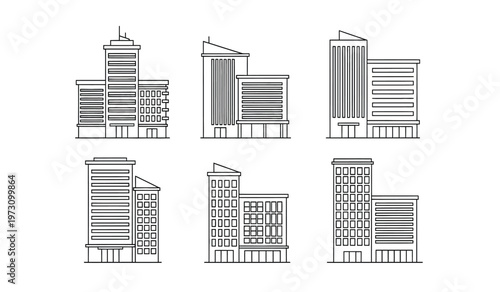 A minimalist black and white line drawing showcases six distinct modern building facades varying in height and architectural style high quality professional detailed elegant