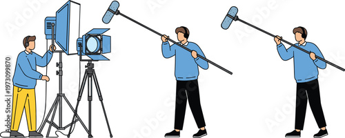 Film Crew Production Set Featuring Cameraman with Studio Light and Boom Operator Recording Audio Professional Video Shooting Cartoon Vector Illustration