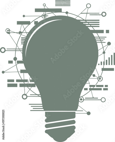 Light bulb silhouette with digital network data and analytical charts
