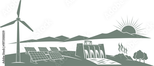 Mountain landscape with solar farm wind turbines and hydroelectric power