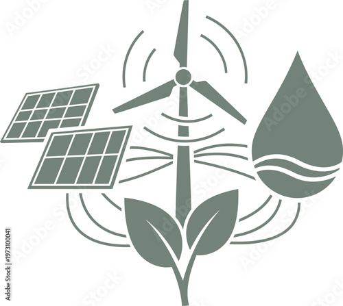 Assorted renewable energy icons featuring wind solar and water power