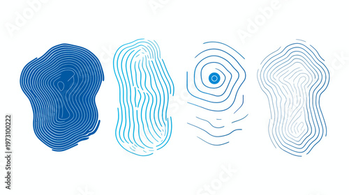 A set of four abstract graphic shapes with textured blue-green contours on a white background