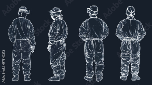 Line drawing of four individuals wearing protective suits, presented from the back and side views