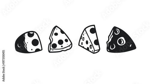 Four black and white cheese wedges with holes on a white background, minimal vector illustration