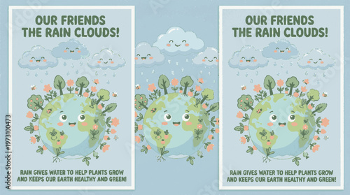 A colorful vector illustration featuring smiling rain clouds and a happy Earth, emphasizing the importance of rain for plants and the environment