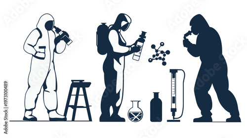 Silhouetted figures in protective suits interacting with lab equipment and atomic structures