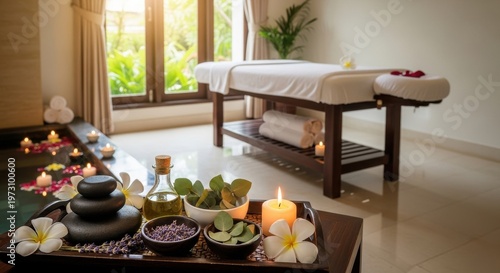 Relaxing Spa Room with Massage Table and Aromatherapy Elements.