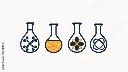 Four stylized flasks with internal diagrams, in blue, yellow, and orange, on white background