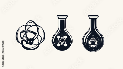 Three vector illustrations with a geometric form, two flasks with internal structures, on a neutral background