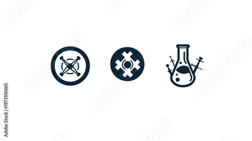 Three minimalist illustrations a circular geometric design, a cogwheel, and a laboratory flask