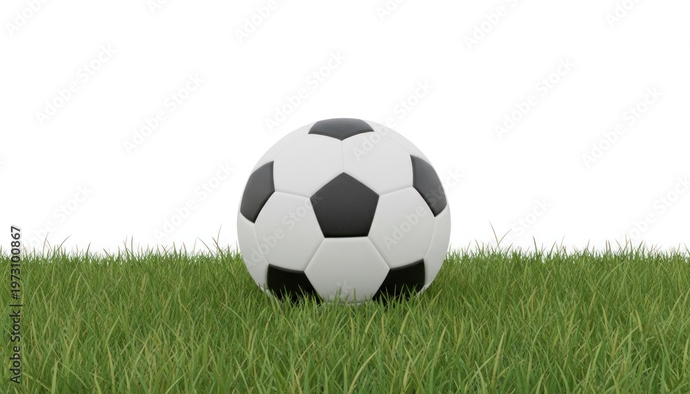 Fototapeta premium Classic soccer ball on green grass field, black and white leather football on lawn, professional sports equipment for match competition isolated PNG with Transparent Background