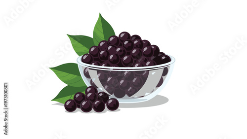 Healthy still life illustration of a glass bowl filled with ripe black berries and fresh green leaves on a clean white background.