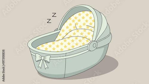 Baby cradle or bassinet in a soft green color featuring a star patterned mattress and symbols indicating a sleeping infant on neutral.