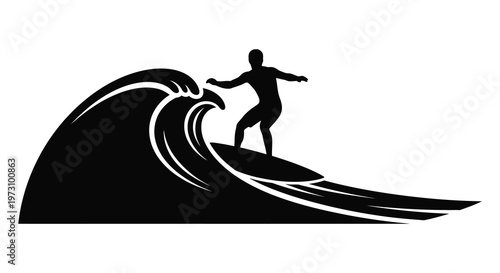 Surfer rides a large wave dynamic action captured in black silhouette