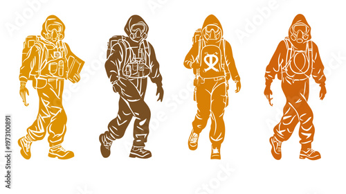 Four stylized figures in protective suits, each in different warm color tones
