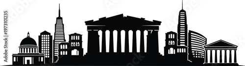 City skyline silhouette with famous landmarks isolated on white background, urban architecture vector illustration collection