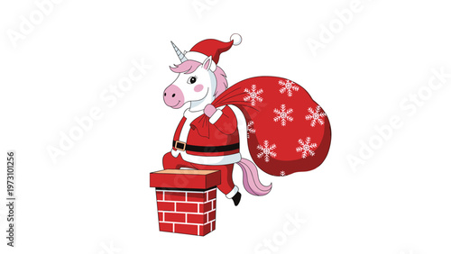 Cute unicorn dressed as Santa Claus carrying a large red bag of gifts while stepping into a brick chimney on a plain white background.