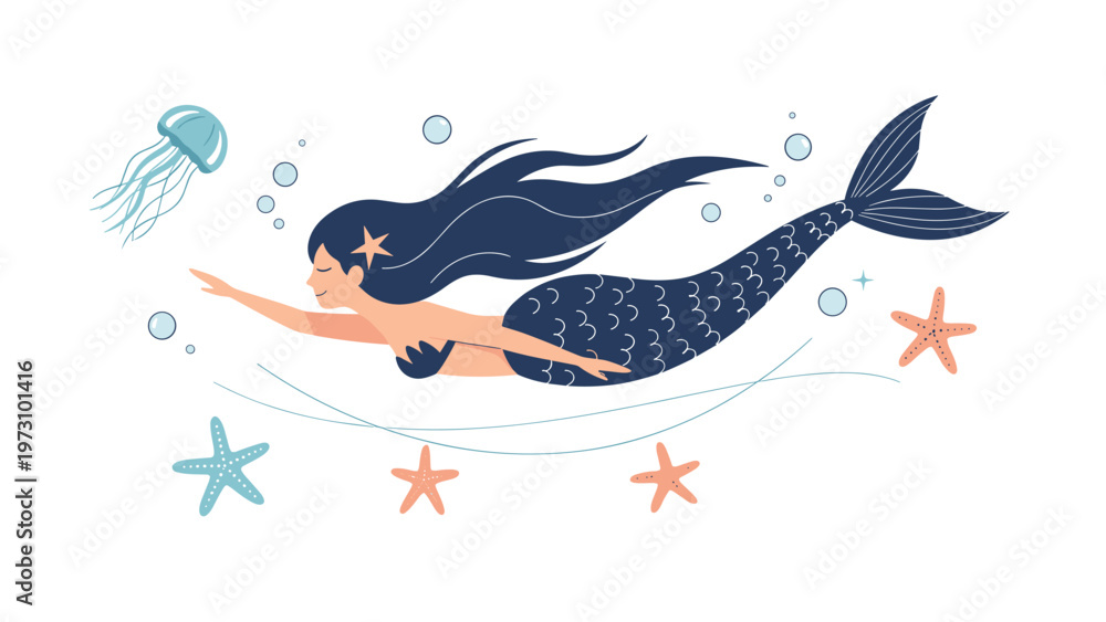 Obraz premium Dark haired mermaid swimming gracefully underwater with blue jellyfish and starfish on a white background in a simple flat style.