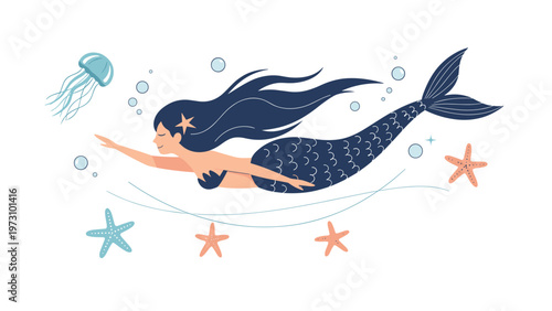 Dark haired mermaid swimming gracefully underwater with blue jellyfish and starfish on a white background in a simple flat style.