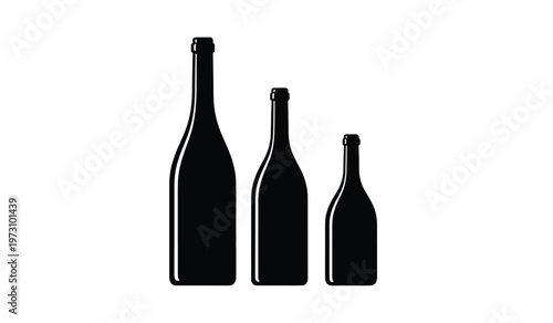 A minimalist black and white illustration depicts three wine bottles of varying sizes arranged in descending order from left to right high quality professional