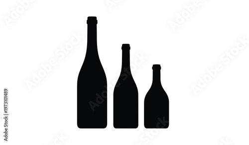 A minimalist black and white illustration features three bottle silhouettes of varying sizes arranged in descending order from left to right high quality professional