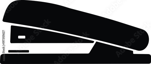 Minimal vector silhouette, stapler office tool side view, hinged top and base, solid black, isolated on white background.