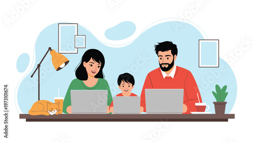 Happy family of three sitting at a table together using laptops for work or study, with a cat sleeping nearby in a cozy home setting.
