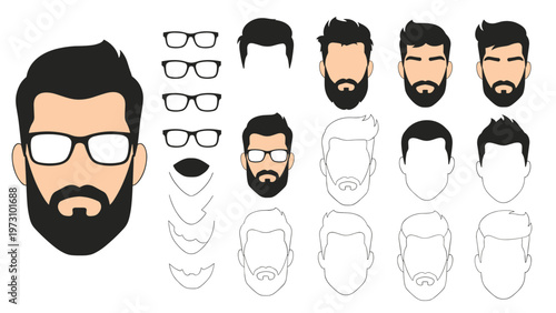 Character creation kit for a man with a beard and glasses, showing various hairstyles, facial hair options, and line art versions.