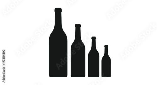 A stark black and white illustration depicts four bottles of varying sizes arranged in descending order creating a silhouette effect high quality professional detailed