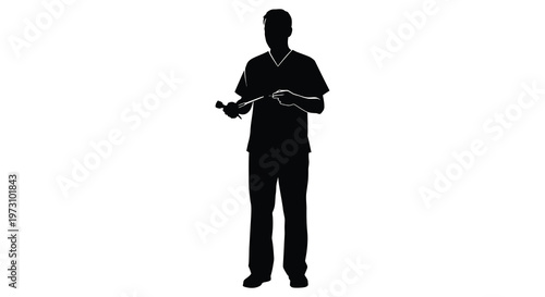 Medical professional in scrubs examining an object stark black silhouette