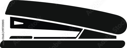 Minimal vector silhouette, stapler office tool side view, hinged top and base, solid black, isolated on white background.