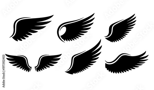 Flying wing silhouette vector set with abstract feather elements for logo, tattoo, and decorative design