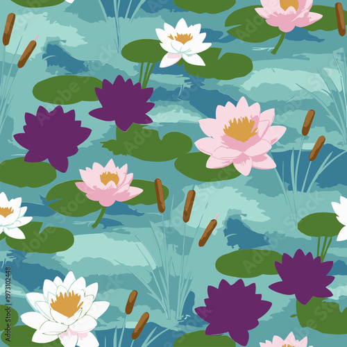 Water lily and bulrush pattern in various colors with a watercolor style. Colorful aquatic flora with light teal water. Floral design for textile, print, or digital media.