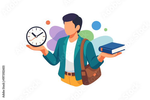Professional man balancing a clock and a book illustration