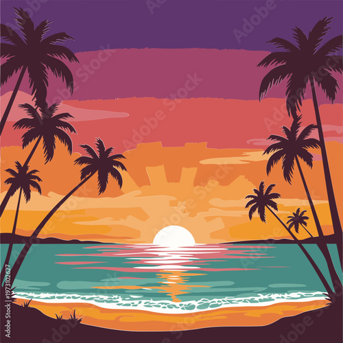 Tropical beach sunset scene with silhouettes of palm trees and ocean waves. Peaceful, idyllic view of a sunrise over the sea with vibrant colors.