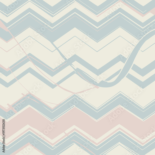 Abstract chevron pattern with pastel colors in light blue, sage green, and blush pink, ideal for interior design. Stylish, geometric graphic for wall decor or fabric design.