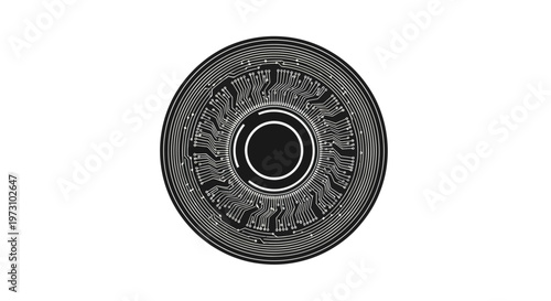 Stylized digital eye with circuit board patterns and concentric rings