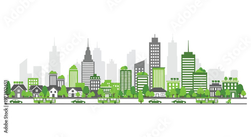 A vibrant and stylized cityscape illustration showcases a collection of green and gray buildings trees cars and a clear horizon high quality professional detailed