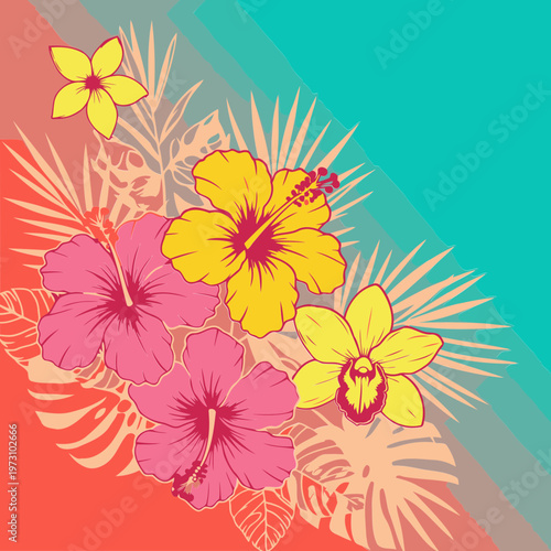 Tropical flower design with vibrant colors and tropical leaf silhouettes.
