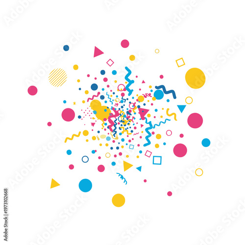 Abstract geometric shapes with various colors in a confetti pattern on a white background. Expressive graphic elements dispersed across the entire image.