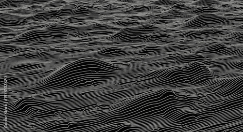 Abstract, monochromatic landscape of undulating parallel lines on a black background