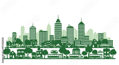 A stylized monochromatic green illustration depicts a dense urban cityscape with various buildings trees and vehicles high quality professional detailed modern elegant stylish clean