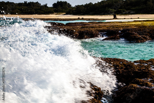 日本の離島、奄美大島に広がる豊かなサンゴ礁の景観。